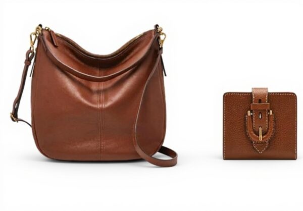 FOSSIL Sac porté épaule cuir marron coffret portefeuille