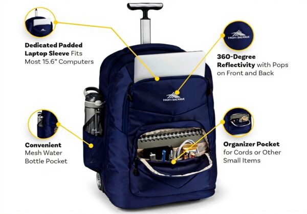 Sac à dos à roulettes High Sierra réflectivité 360 degrés